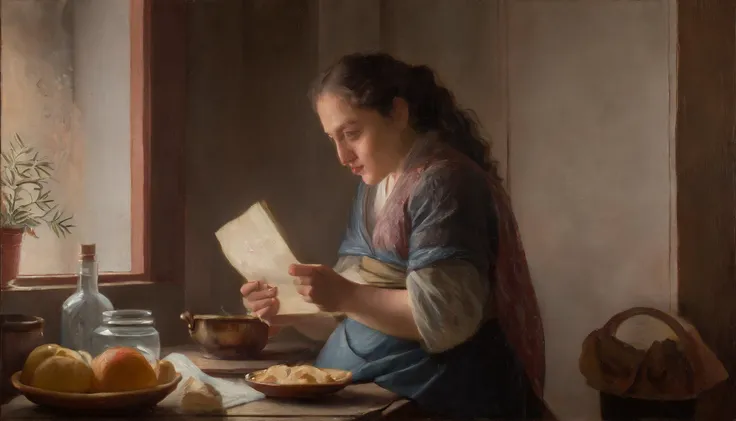 a traditional oil painting of a beautiful woman reading a letter in a barely lit medieval kitchen, in the style of Rembrandt