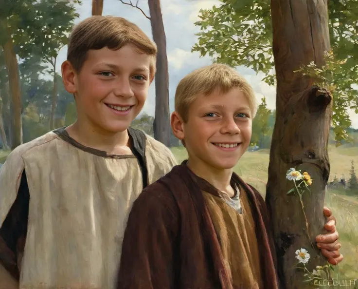 highly realistic traditional oil portrait painting, 14 year old boy standing in front of a tree trunk, simple brown early medieval clothing, smiling in the camera, sunny day, flowers, by Albert Edelfelt