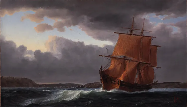 a traditional oil painting of a ship in heavy sea, in the style of Johan Dahl