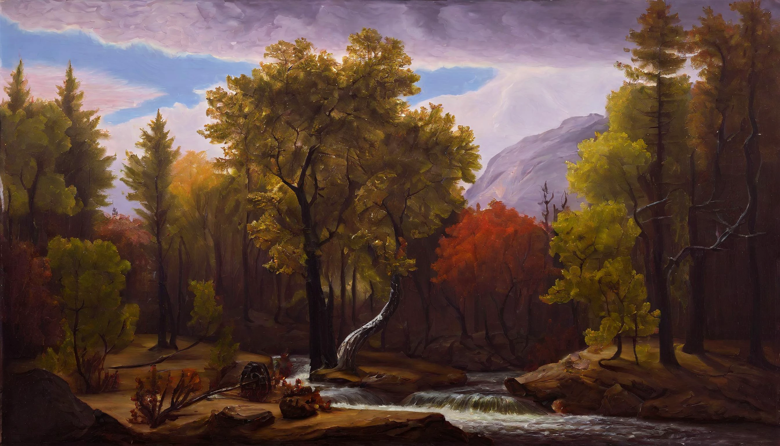 a traditional oil painting of a dark forest, in spring