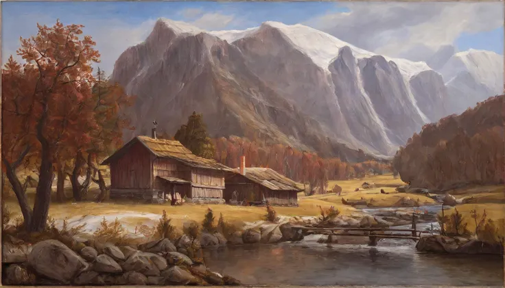 a traditional oil painting of a small village in the austrian alps