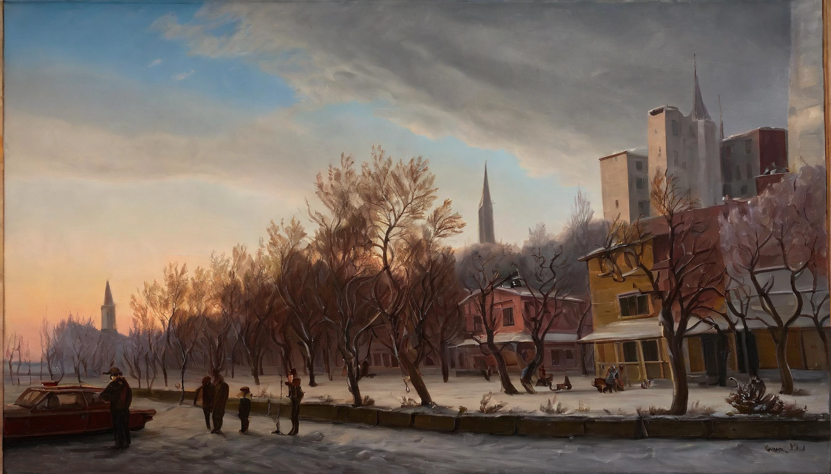 a traditional oil painting of a city, in winter, snow