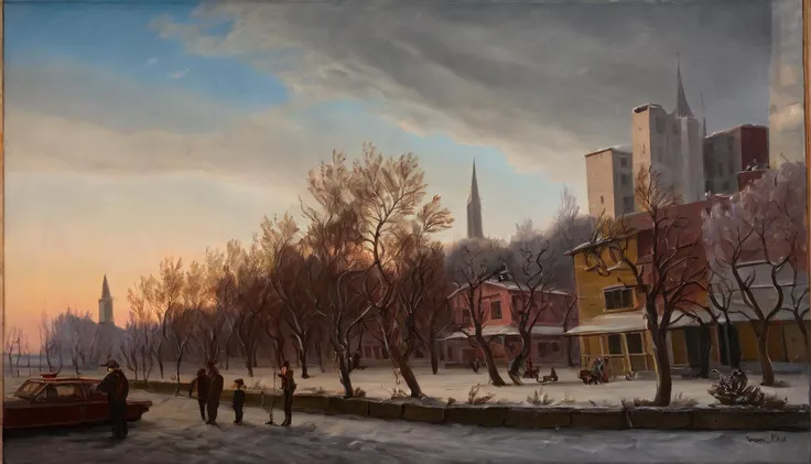 a traditional oil painting of a city, in winter, snow