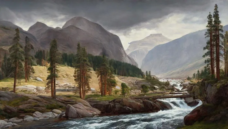 ultra realistic traditional oil painting, conifer trees, lively river, mountain view, by Albert Edelfelt