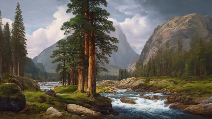 ultra realistic traditional oil painting, conifer trees, lively river, mountain view, by Anton Melbye