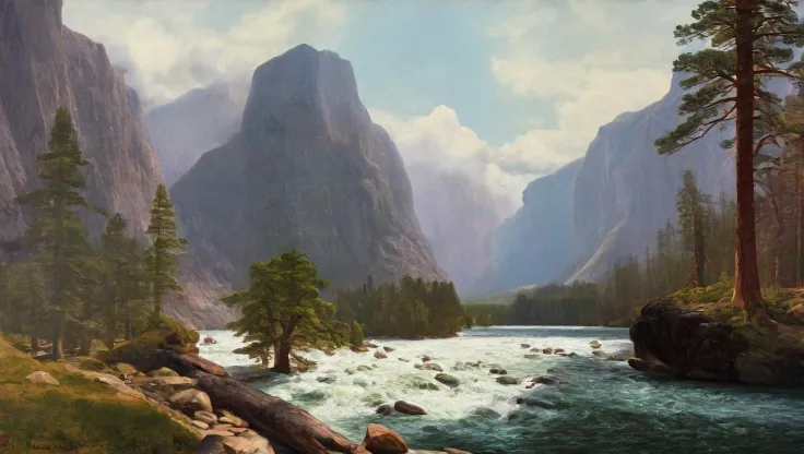 ultra realistic traditional oil painting hudson river school, conifer trees, lively river, mountain view