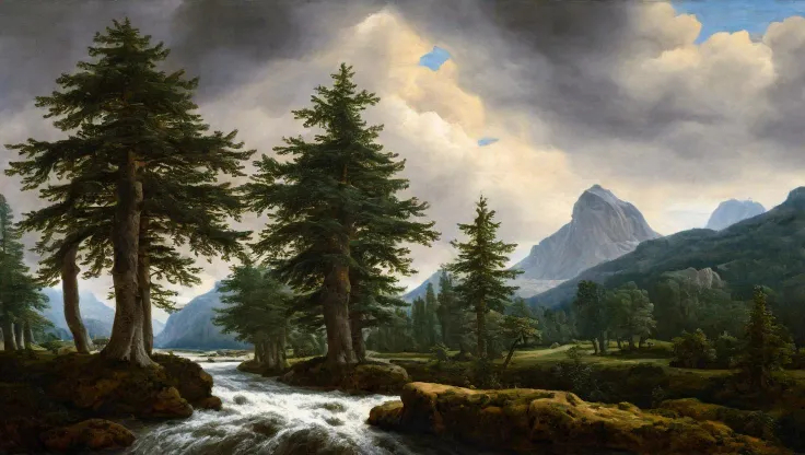 ultra realistic traditional oil painting, conifer trees, lively river, mountain view, by Jacob van Ruisdael