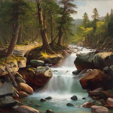 a traditional oil painting in the hudson river school art style of a lively river in the middle of a forest with rocks and trees on either side, small river, little stream