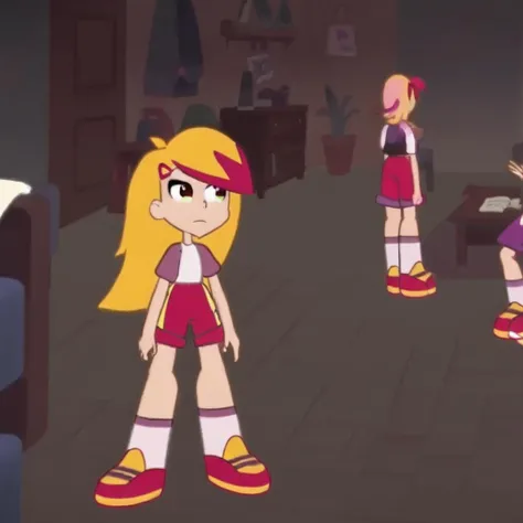 kira, with red and yellow sneakers and long white socks socks in red shorts with a yellow stripe in a shirt with yellow hair with red bangs from the animated series shushumagiya
