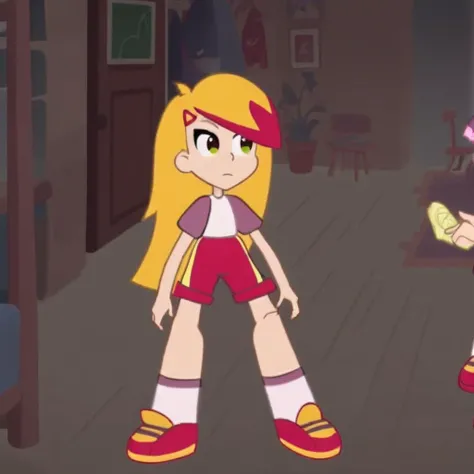 with red and yellow sneakers and long white socks socks in red shorts with a yellow stripe in a shirt with yellow hair with red bangs from the animated series shushumagiya, kira