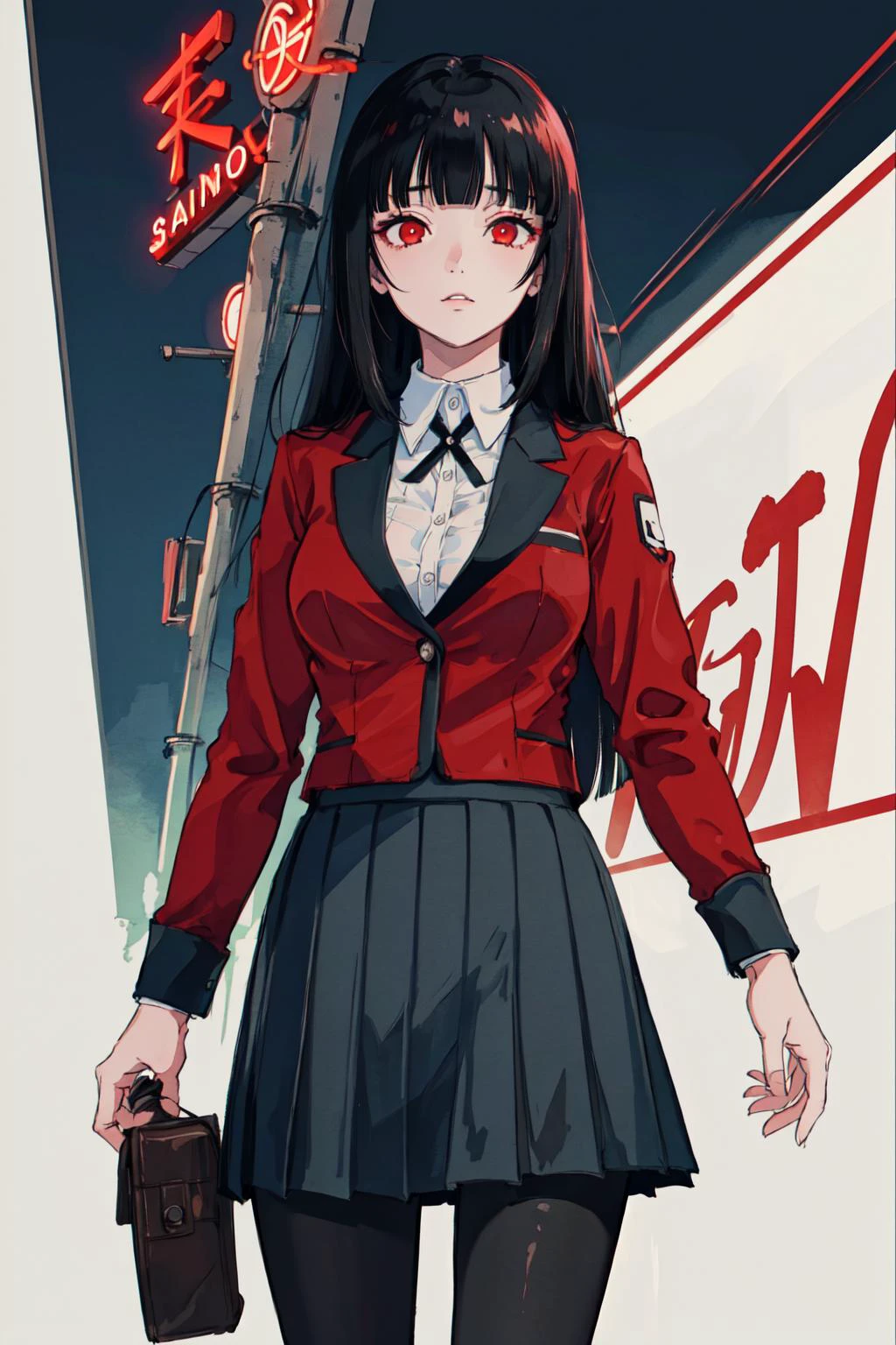 (masterpiece, best quality;1.3), extremely detailed ,ultra detailed, 1GIRL,solo,
hmjy1, long hair, blunt bangs, red eyes, school uniform, red jacket, black pantyhose, white shirt, black ribbon, pleated skirt, long sleeves
stadium background <lora:jabami yumeko_v10:0.7> casino, neon sign,
