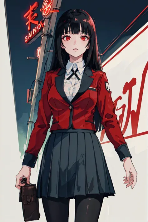 (masterpiece, best quality;1.3), extremely detailed ,ultra detailed,  1GIRL,solo,
hmjy1, long hair, blunt bangs, red eyes, school uniform, red jacket, black pantyhose, white shirt, black ribbon, pleated skirt, long sleeves
stadium background <lora:jabami yumeko_v10:0.7> casino, neon sign,