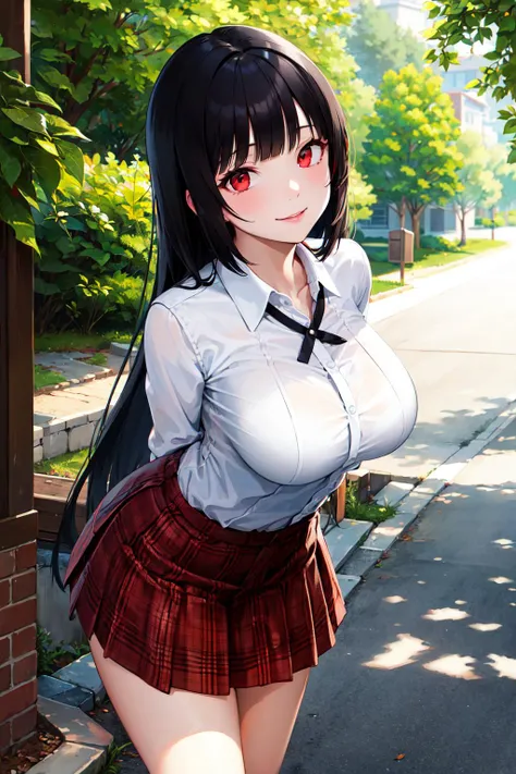 masterpiece, best quality, highres, hmjy1, long hair, blunt bangs, red eyes, <lora:jabami yumeko_v10:0.7>, collared shirt, plaid skirt, arms behind back, smile, leaning forward, outdoors,
