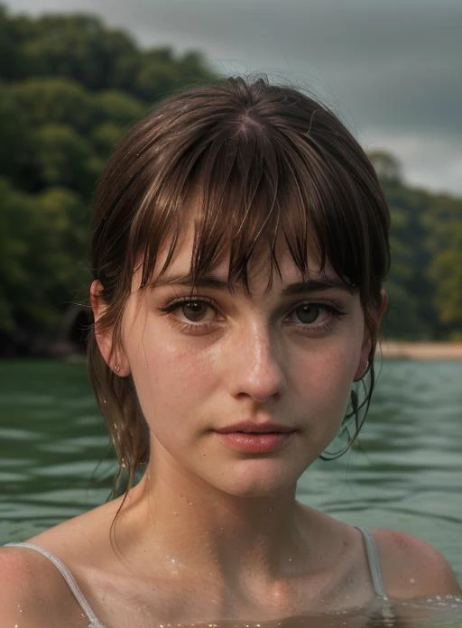 haesicks <lora:haesicks-v15-byShurik:1>clean skin (closeup) looking at viewer
(LikenessHelpbyShurik3:1) In this hauntingly intimate close-up, the Southern gal is shown with only her shoulders and head above the water's surface. The dim, moody lighting casts shadows across her face, creating a sense of mystery and intrigue. (Best quality: 1.3) Water droplets glisten on her skin, emphasizing the wetness and adding a touch of ethereal beauty. (Detailed: 1.2) Her eyes, filled with a mix of determination and trepidation, reflect the uncertain depths below. The water surrounding her face distorts her features, evoking a sense of otherworldliness and submerged vulnerability. (Moody dramatic light: 1.4) The stillness of the barn and the distant sounds of dripping water heighten the eerie atmosphere, as if something mysterious lurks beneath the surface. (Close-up expression: 1.3) The viewer is left captivated by the enigmatic scene, drawn into the tension and anticipation of what lies beneath the water.