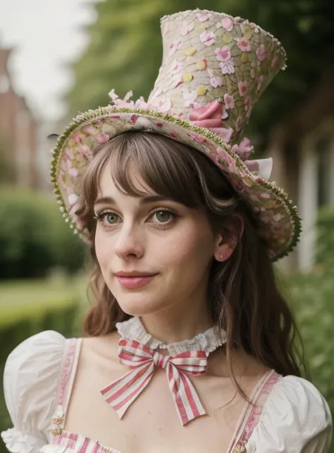 haesicks <lora:haesicks-v15-byShurik:1>clean skin
(closeup)
In this captivating close-up, we delve into the captivating realm of cosplay as the eccentric and charismatic Mad Hatter from Alice in Wonderland. (Best quality: 1.3) The subject's transformation is extraordinary, with a flamboyant ensemble that perfectly embodies the character's quirkiness and flair. (Detailed: 1.2) From the elaborate top hat adorned with ribbons and trinkets to the mismatched layers of colorful fabrics, every detail of the costume is meticulously crafted to capture the essence of the Mad Hatter's unconventional style. (Close-up expression: 1.3) With a mischievous twinkle in her eyes and a playful smirk on her lips, she fully embraces the character's eccentricity and unpredictability. The background is adorned with whimsical decorations and hints of Wonderland, transporting us to a world of wonder and whimsy. Through her Mad Hatter cosplay, she invites us to embrace our own uniqueness and celebrate the joy of being wonderfully different. This close-up celebrates the art of cosplay, capturing the spirit and charm of a beloved character who invites us to join the tea party of imagination and eccentricity.