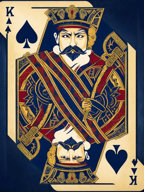 (masterpiece), (best quality),(extremely detailed unity 4k wallpaper),highly detailed,
facial hair, mustache, male focus, card (medium), 1boy, beard, black hair, card, playing card, crown, black eyes, weapon, sword, spade (shape), 2boys