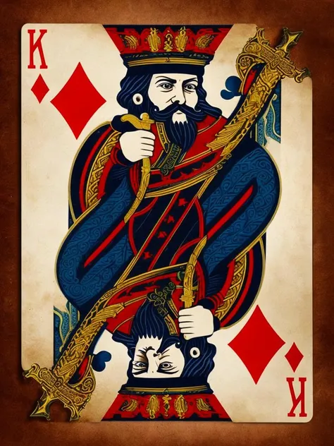 (masterpiece), (best quality),(extremely detailed unity 4k wallpaper),highly detailed,
facial hair, mustache, male focus, card (medium), 1boy, beard, black hair, card, playing card, crown, black eyes, weapon, sword, spade (shape), 2boys
