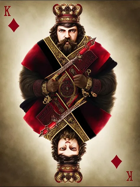 (masterpiece), (best quality),(extremely detailed unity 4k wallpaper),highly detailed,
facial hair, mustache, male focus, card (medium), 1boy, beard, black hair, card, playing card, crown, black eyes, weapon, sword, spade (shape), 2boys