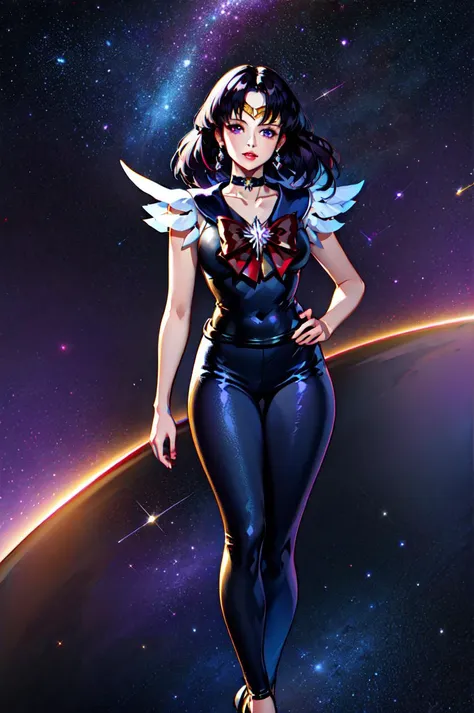 masterpiece, best quality, 1girl, photo of realistic, sailor saturn, (gold tiara on her forehead), tiara, solo, short hair, purple hair, bangs, black hair, red bow, brooch, choker, collarbone, looking at viewer, view from far, parted lips, purple eyes, cowboy shot, fullbody, space background. saturn background <lora:SailorSaturnV1:1>