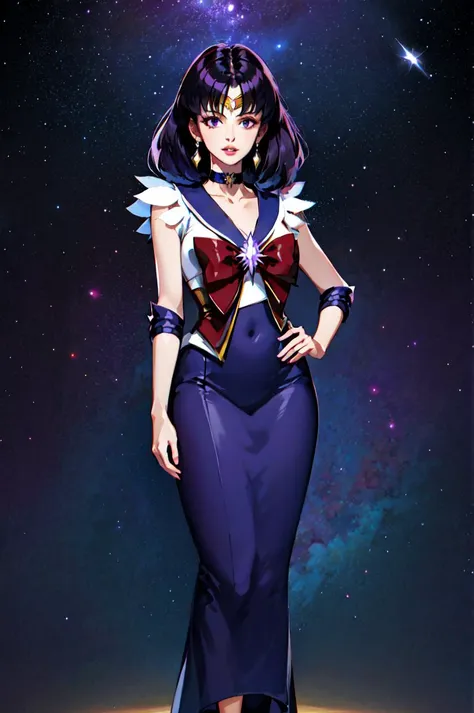 masterpiece, best quality, 1girl, photo of realistic, sailor saturn, (gold tiara on her forehead), tiara, solo, short hair, purple hair, bangs, black hair, red bow, brooch, choker, collarbone, looking at viewer, view from far, parted lips, purple eyes, cowboy shot, fullbody, space background. saturn background <lora:SailorSaturnV1:1>