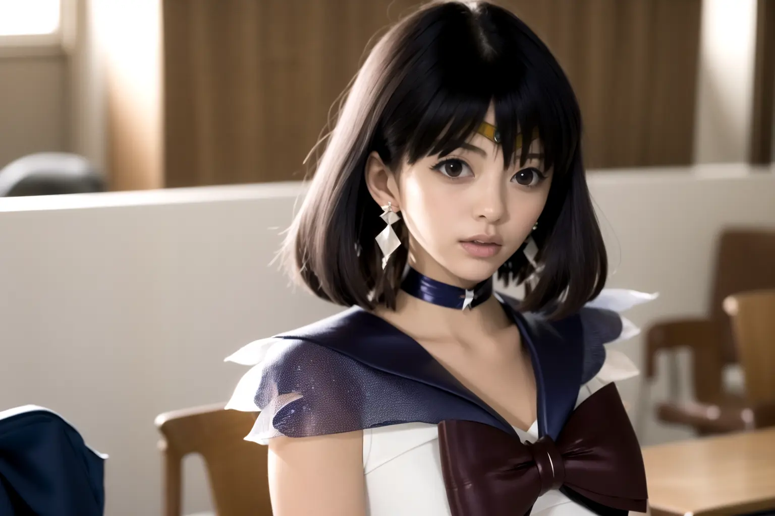 masterpiece, best quality, 1girl, photo of realistic sailor saturn stting on desk, (gold tiara on her forehead), (tiara), magical girl, short hair, purple hair, bangs, black hair, bow, brooch, choker, collarbone, earrings, jewelry, looking at viewer, parted lips, purple eyes, purple sailor collar, sailor collar,sailor senshi uniform,, classroom background, desk <lora:SailorSaturnV1:1>