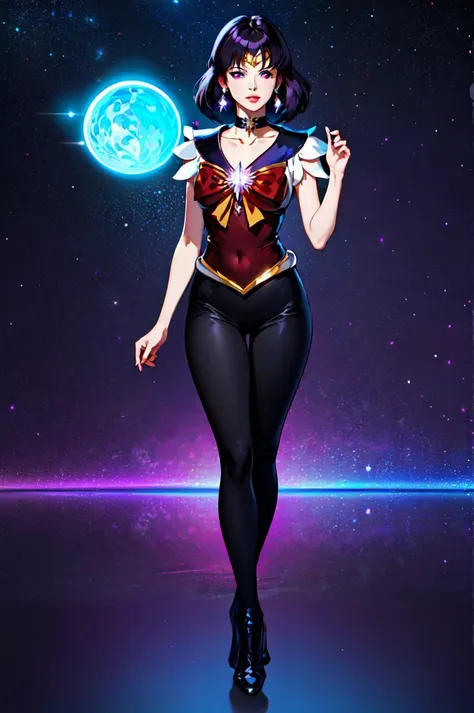 masterpiece, best quality, 1girl, photo of realistic, sailor saturn, (gold tiara on her forehead), tiara, solo, short hair, purple hair, bangs, black hair, red bow, brooch, choker, collarbone, looking at viewer, view from far, parted lips, purple eyes, cowboy shot, fullbody, space background. saturn background <lora:SailorSaturnV1:1>