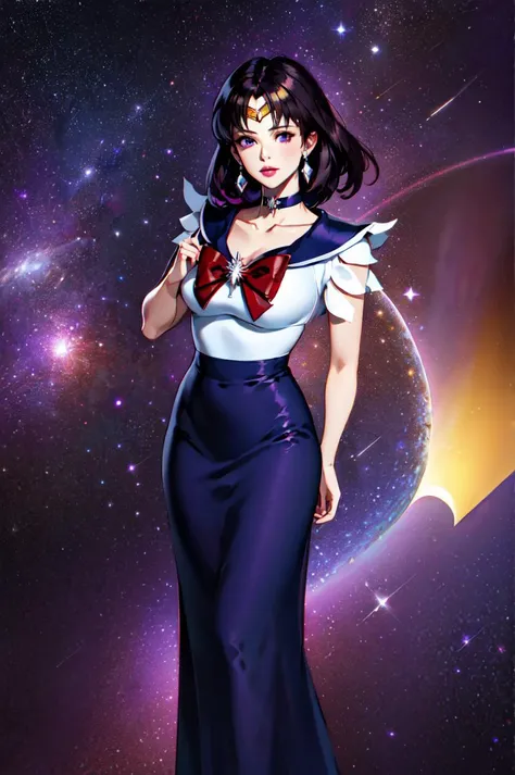 masterpiece, best quality, 1girl, photo of realistic, sailor saturn, (gold tiara on her forehead), tiara, solo, short hair, purple hair, bangs, black hair, red bow, brooch, choker, collarbone, looking at viewer, view from far, parted lips, purple eyes, cowboy shot, fullbody, space background. saturn background <lora:SailorSaturnV1:1>