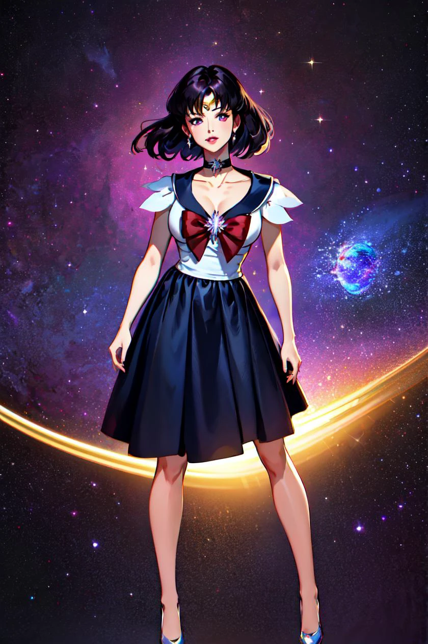 masterpiece, best quality, 1girl, photo of realistic, sailor saturn, (gold tiara on her forehead), tiara, solo, short hair, purple hair, bangs, black hair, red bow, brooch, choker, collarbone, looking at viewer, view from far, parted lips, purple eyes, cowboy shot, fullbody, space background. saturn background <lora:SailorSaturnV1:1>
