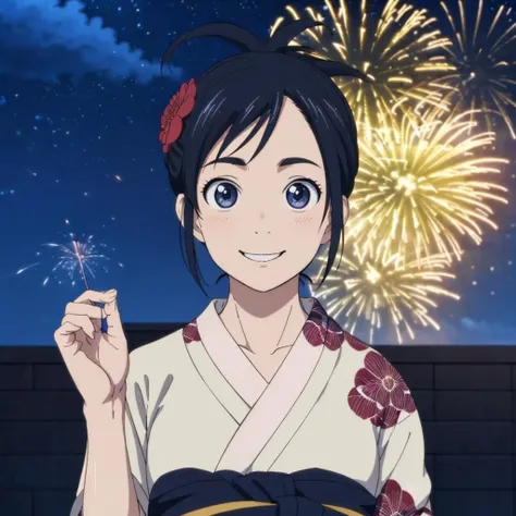 masterpiece,highres,high quality,extremely detailed,solo,
<lora:IsakiMagari001:0.7>,looking at viewer,smile,
IsakiMagari,1girl,
yukata,kimono,hair_ornament,
night,fireworks,
