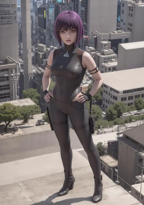 adult girl, (masterpiece, extremely detailed, best quality, trending on artstation, realistic, raw photo, detailed face and eyes:1.4), motoko2045wz, motoko_kusanagi, ghost in the shell, (stockings, bodysuit, black berets, bare shoulders, military fingerless gloves:1.2), big breasts, short purple hair, purple eyes, lips, hairstyle of a square, ((city landscape on background, standing on the roof, science fiction, looking at viewer, hands on hips, cyberpunk)), (((full body portrait))), smiles
<lora:hairdetailer:0.4> <lora:ReaLora:0.4> <lora:GoodHands-vanilla-000020:0.5> <lora:Motoko2045lyco-V2safetensors:0.7>