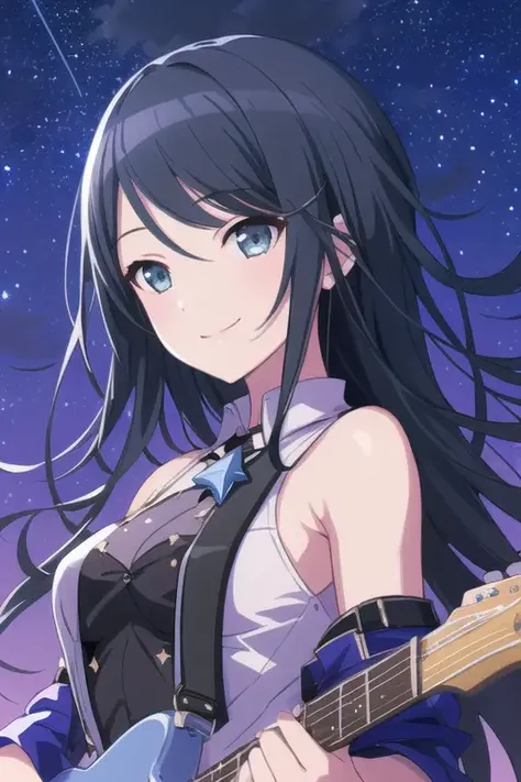 beautiful_girl, ultra_detail, sharp_focus, solo, bangs, smile, upper_body, medium_breasts, night, guitar, star, starry_sky, starry_background
<lora:Ichika:0.5>