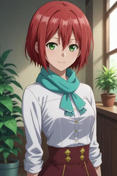 score_9, score_8_up, score_7_up, source_anime, rating_safe, intricate details, anime screencap, anime coloring, official style, looking at viewer, , 1girl, solo, <lora:shirayuki-hime_pony:0.84>, shirayuki-hime, red hair, green eyes, hair between eyes, , close-up, energy plant, indoors, dark, leaning back, naughty smile, polo shirt, high-waist skirt, turquoise scarf, loose socks, <lora:sdxl_lightning_8step_lora:1>