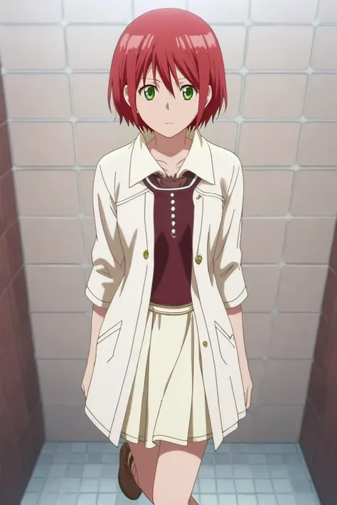 score_9, score_8_up, score_7_up, source_anime, rating_safe, , anime screencap, anime coloring, official style, , depth of field, 1girl, solo, <lora:shirayuki-hime_pony:0.94>, shirayuki-hime, red hair, green eyes, hair between eyes, short hair, symmetry, bathroom, day, standing on one leg, relaxed, , <lora:sdxl_lightning_8step_lora:1>