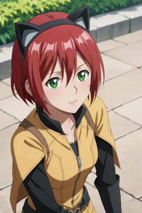 score_9, score_8_up, score_7_up, source_anime, rating_safe, , anime screencap, anime coloring, , , depth of field, 1girl, solo, <lora:shirayuki-hime_pony:0.82>, shirayuki-hime, red hair, green eyes, hair between eyes, short hair, from above, dock, day, legs together, speaking, talking, catwoman costume, <lora:sdxl_lightning_8step_lora:1>