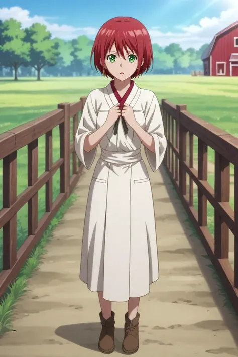 score_9, score_8_up, score_7_up, source_anime, rating_safe, , anime screencap, , , , depth of field, 1girl, solo, <lora:shirayuki-hime_pony:0.86>, shirayuki-hime, red hair, green eyes, hair between eyes, short hair, symmetry, farm, plantation, midnight, singing, sparkling eyes, korean clothes, earrings, bow footwear, <lora:sdxl_lightning_8step_lora:1>