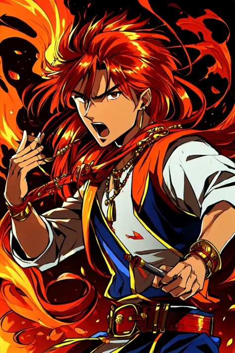 <lora:Fushigi_Yuugi:0.75> Fushigi Yuugi Style, solo, long hair, looking at viewer, open mouth, brown hair, 1boy, holding, brown eyes, jewelry, weapon, male focus, earrings, belt, sword, necklace, orange hair, fire