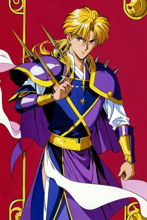 <lora:Fushigi_Yuugi:0.65>Fushigi Yuugi Style, solo, long hair, blonde hair, 1boy, male focus, cape, armor, shoulder armor, spikes, retro artstyle, 1990s (style), shoulder spikes, purple cape