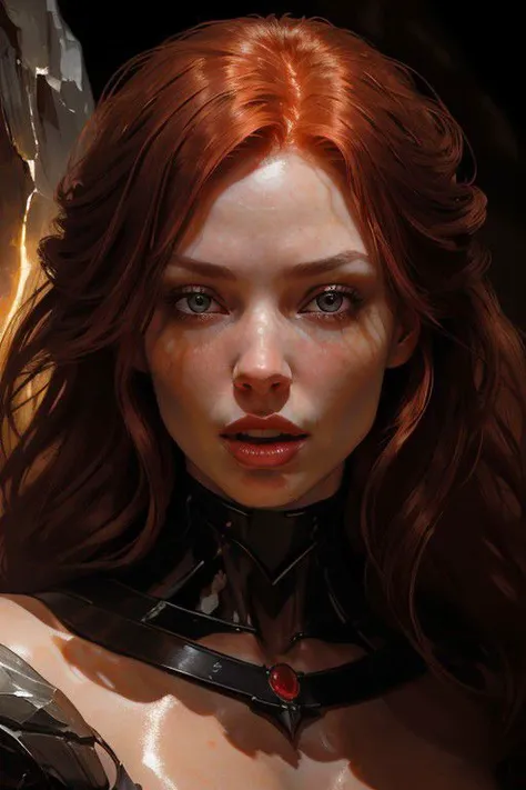 nsfw, Two-thirds portrait, highly detailed, 8k, photorealistic, high-quality, highly detailed silhouette of a beautifully designed adult red-haired woman with a face similar to Rebecca Ferguson with a perfect female figure. In the glow of the precious stones, the beautiful woman's face is distorted by a scream. different poses of despair. The painting is a masterpiece, the background of the cave is in the glow of bright crystals. The dark background gives the composition depth and mystery, bright colors with high detail, cinematic style, high definition images, high detail, cinematic style, HD detail,