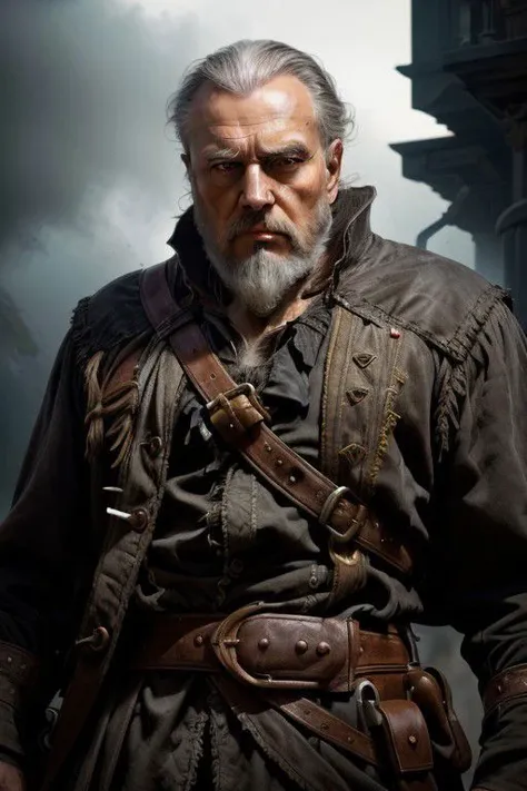 nsfw, Portrait of two thirds, highly detailed, 8k, photorealistic, selfie photograph of men, old pirate in Tyche's belt, age about 60, white beard, short black hair, in the belt of a tyche with a pistol of the 17th century, ((gorgeous symmetrical face)), natural beauty, ultra high realistic, elegant, highly detailed, intricate, sharp focus, depth of field, 85mm, medium shot, (((professionally color graded))), sharp focus, (volumetric fog), cinematic style, high-definition images, High detail, cinematic style, HD detail,