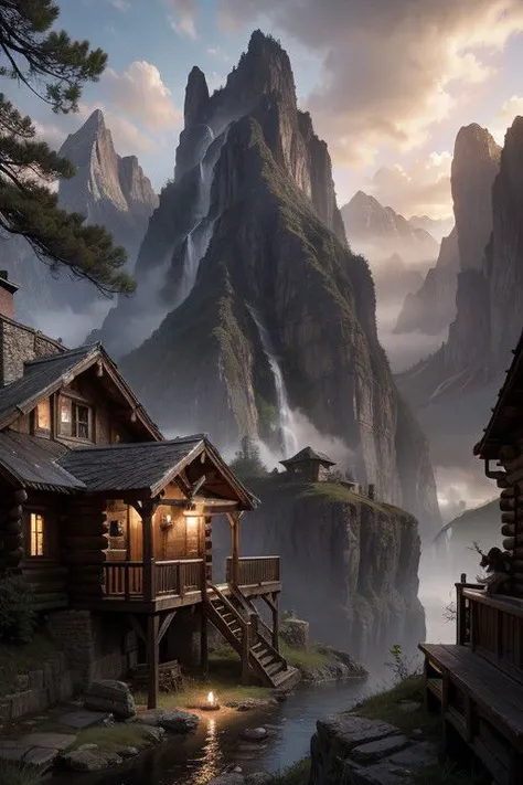 high quality, 8K Ultra HD, fantasy painting by greg rutkowski, a Cabin in Temperate area, stunning full color, terrible monsters with gaping mouths in the background