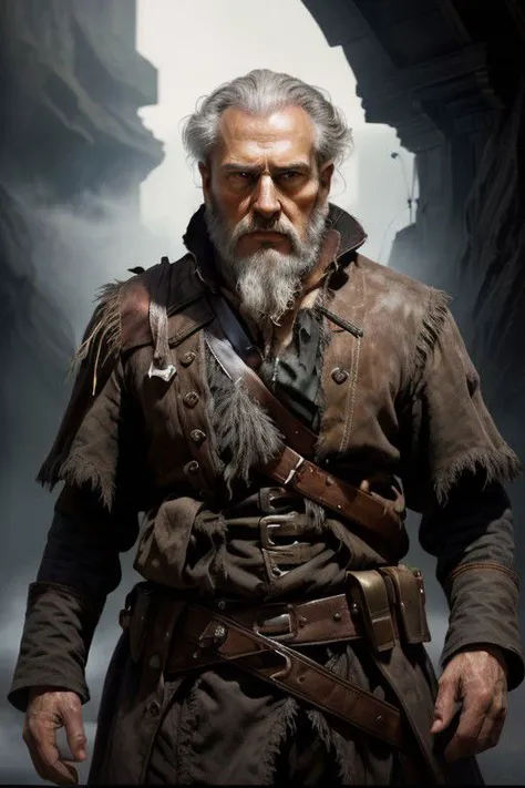 nsfw, Portrait of two thirds, highly detailed, 8k, photorealistic, selfie photograph of men, old pirate in Tyche's belt, age about 60, white beard, short black hair, In his hand is a 17th century pistol, ((gorgeous symmetrical face)), natural beauty, ultra high realistic, elegant, highly detailed, intricate, sharp focus, depth of field, 85mm, medium shot, (((professionally color graded))), sharp focus, (volumetric fog), cinematic style, high-definition images, High detail, cinematic style, HD detail,