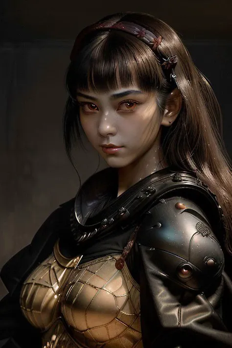 1980 manga "dark fantasy", high quality, 8K Ultra HD, hyperrealistic portrait. A samurai woman crocodile head in leather armor and a mask, her features are flooded with the soft diffused radiance of the golden room, which emphasizes the subtle nuances of her facial expression. The artist, relying on Sargent's precision, captured every delicate contour of her face, the intricacies of the gaze of predatory eyes. In this mysterious atmosphere, the artist uses Da Vinci's skill in the field of shadow and light, creating an alluring game that emphasizes the mysterious aura surrounding the girl. shadows dance on her features, emphasizing the depth of her gaze and adding a touch of mystery to the composition, which is very detailed,