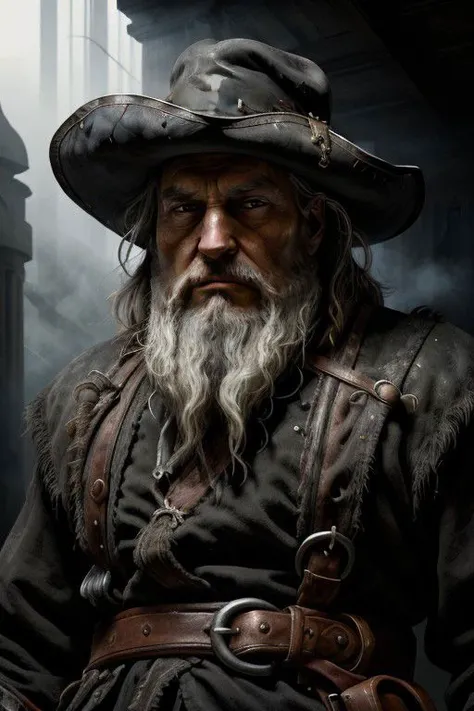 nsfw, Portrait of two thirds, highly detailed, 8k, photorealistic, selfie photograph of men, old pirate in Tyche's belt, age about 60, white beard, short black hair, ((gorgeous symmetrical face)), natural beauty, ultra high realistic, elegant, highly detailed, intricate, sharp focus, depth of field, 85mm, medium shot, (((professionally color graded))), sharp focus, (volumetric fog), cinematic style, high-definition images, High detail, cinematic style, HD detail,