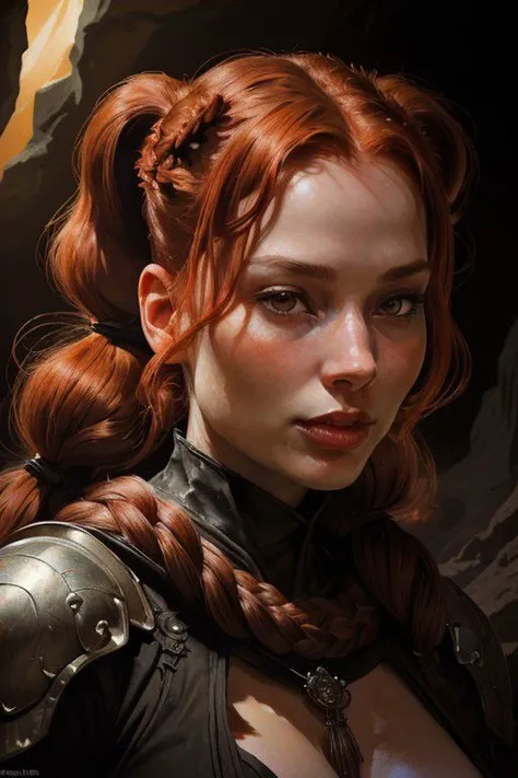 nsfw, Two-thirds portrait, highly detailed, 8k, photorealistic, high-quality, highly detailed silhouette of a beautifully designed adult red-haired woman with a face similar to Rebecca Ferguson with a perfect female figure. the hairstyle is braided into pigtails. In the glow of precious stones, the face of a beautiful woman smiles seductively. different positions of lust. The painting is a masterpiece of nsfw, the background of the cave in the glow of bright crystals. The dark background gives the composition depth and mystery, bright colors with high detail, cinematic style, high definition images, high detail, cinematic style, HD detail,