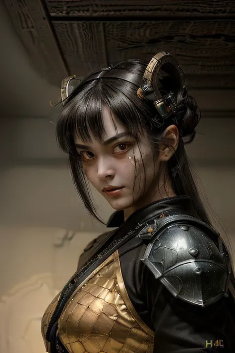 1980 manga "dark fantasy", high quality, 8K Ultra HD, hyperrealistic portrait. A samurai woman crocodile head in leather armor and a mask, her features are flooded with the soft diffused radiance of the golden room, which emphasizes the subtle nuances of her facial expression. The artist, relying on Sargent's precision, captured every delicate contour of her face, the intricacies of the gaze of predatory eyes. In this mysterious atmosphere, the artist uses Da Vinci's skill in the field of shadow and light, creating an alluring game that emphasizes the mysterious aura surrounding the girl. shadows dance on her features, emphasizing the depth of her gaze and adding a touch of mystery to the composition, which is very detailed,