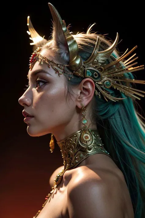 ull body, highly detailed, 8k, photorealistic, bedazzling cute fluffy wild majestic adult creature, rule of thirds depth of field intricate details, (concept art), vivid colors, futuristic design, attention to detail, grandeur and awe, stunning visual masterpiece, fantastical realm, hard light,Aztecta warrior skull seen from the right profile, with a plume in metallic colors (red, white, green, gold), with a fantastic background ,