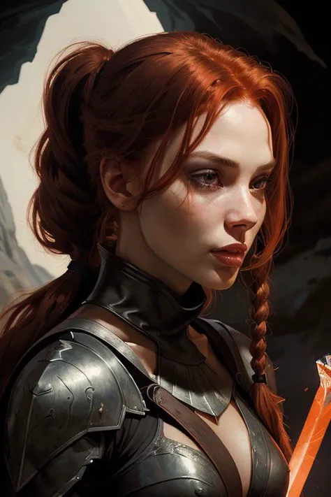 nsfw, Two-thirds portrait, highly detailed, 8k, photorealistic, high-quality, highly detailed silhouette of a beautifully designed adult red-haired woman with a face similar to Rebecca Ferguson with a perfect female figure. the hairstyle is braided into pigtails. In the glow of precious stones, the face of a beautiful woman smiles seductively and licks the blade of a sharp sword. different positions of lust. The painting is a masterpiece of nsfw, the background of the cave in the glow of bright crystals. The dark background gives the composition depth and mystery, bright colors with high detail, cinematic style, high definition images, high detail, cinematic style, HD detail,