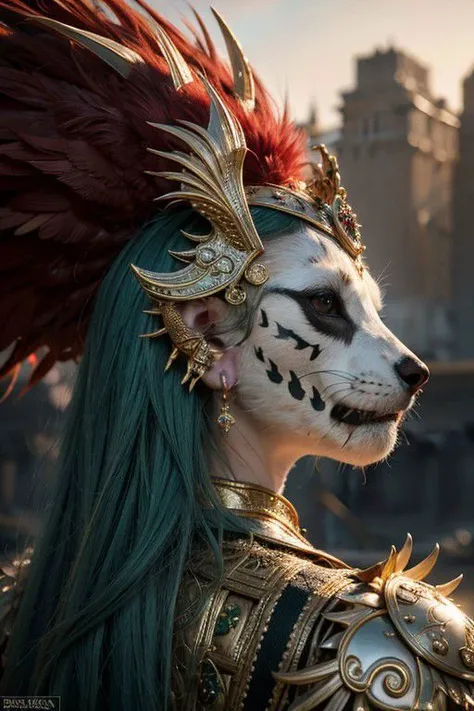 ull body, highly detailed, 8k, photorealistic, bedazzling cute fluffy wild majestic adult creature, rule of thirds depth of field intricate details, (concept art), vivid colors, futuristic design, attention to detail, grandeur and awe, stunning visual masterpiece, fantastical realm, hard light,Aztecta warrior skull seen from the right profile, with a plume in metallic colors (red, white, green, gold), with a fantastic background ,
