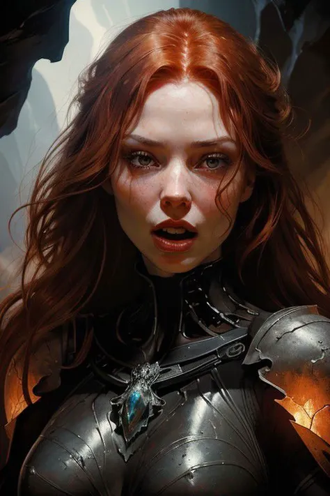 nsfw, Two-thirds portrait, highly detailed, 8k, photorealistic, high-quality, highly detailed silhouette of a beautifully designed adult red-haired woman with a face similar to Rebecca Ferguson with a perfect female figure. In the glow of the precious stones, the beautiful woman's face is distorted by a scream. different poses of despair. The painting is a masterpiece, the background of the cave is in the glow of bright crystals. The dark background gives the composition depth and mystery, bright colors with high detail, cinematic style, high definition images, high detail, cinematic style, HD detail,