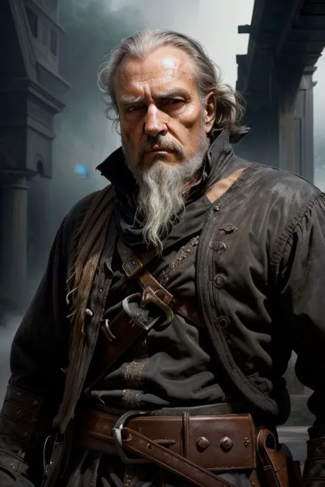 nsfw, Portrait of two thirds, highly detailed, 8k, photorealistic, selfie photograph of men, old pirate in Tyche's belt, age about 60, white beard, short black hair, in the belt of a tyche with a pistol of the 17th century, ((gorgeous symmetrical face)), natural beauty, ultra high realistic, elegant, highly detailed, intricate, sharp focus, depth of field, 85mm, medium shot, (((professionally color graded))), sharp focus, (volumetric fog), cinematic style, high-definition images, High detail, cinematic style, HD detail,